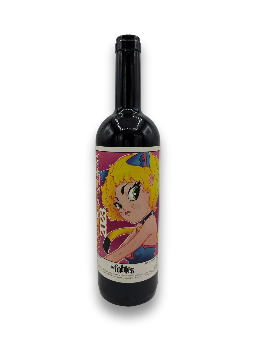 Domaine des Fables Chatawak 2023 French red wine bottle with cartoon label