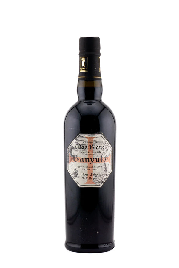 A bottle of Banyuls 'Le Mas Blanc' cognac on a plain white background.