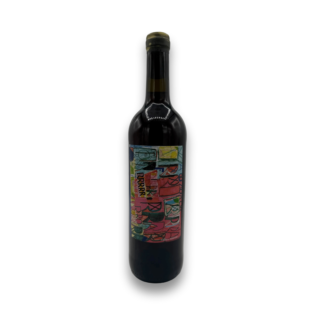 Wine bottle with a colorful abstract art label on a white background