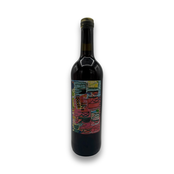 Wine bottle with a colorful abstract art label on a white background