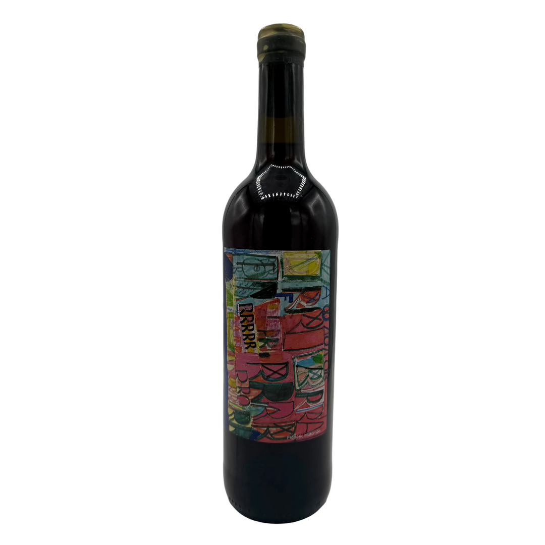 Wine bottle with a colorful abstract art label on a white background
