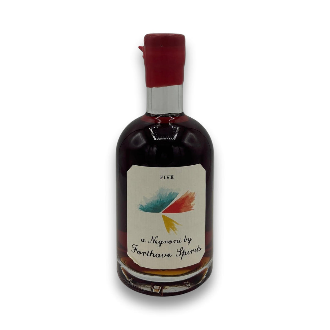 FIVE Negroni by Forthave Spirits 375ml dark amber liquor in glass bottle with red wax cap and cream label