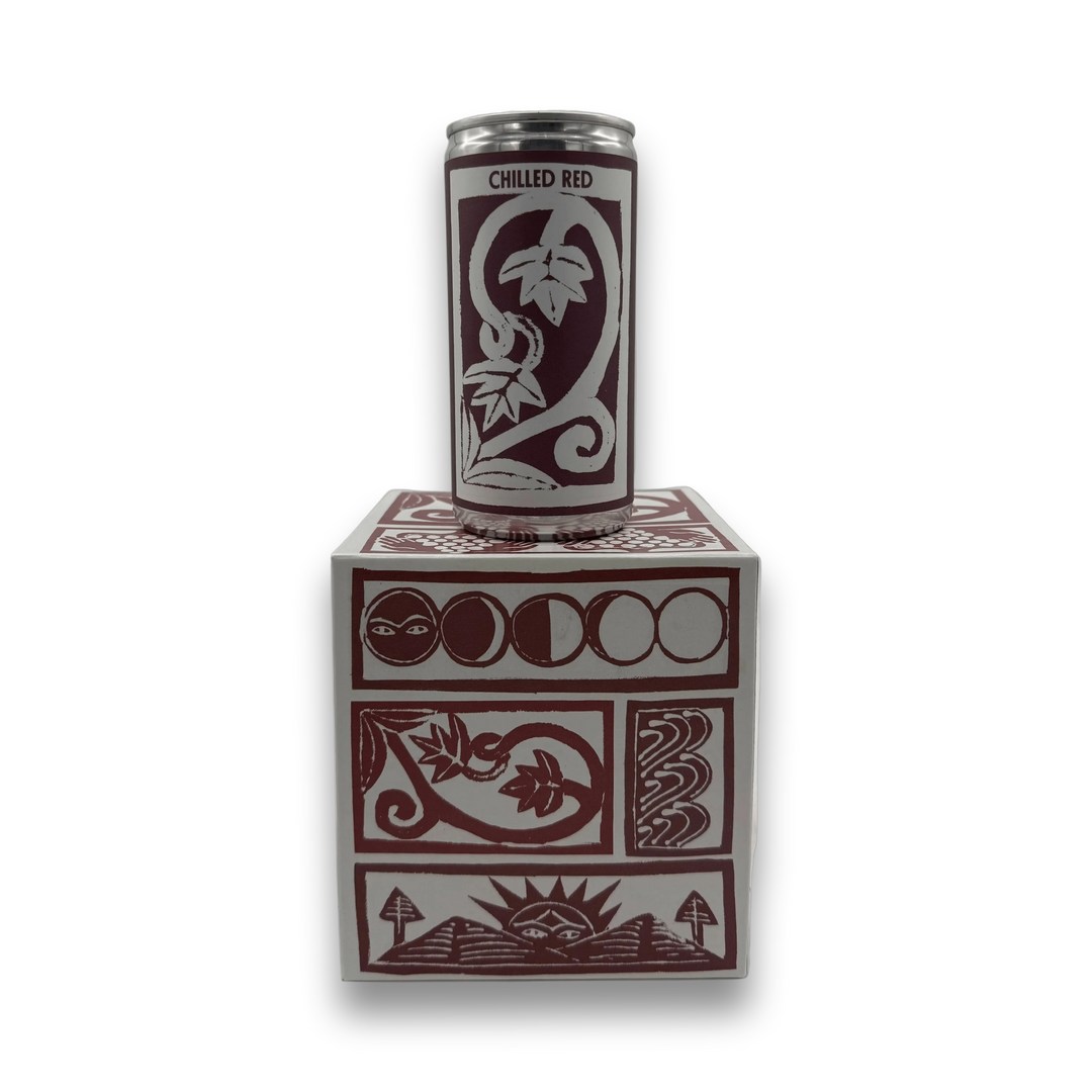 Famille du Vin Les tetes Rouges chilled red wine can with botanical label and moon phase packaging