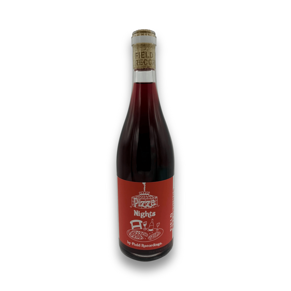 Field Recordings Pizza Nights 2025 California Gamay red wine bottle with pizza illustration label