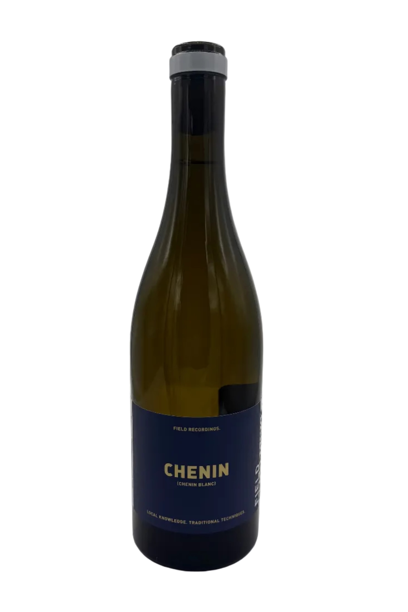 Californian white wine bottle, with a dark blue label and yellow text in the center writing 'Chenin' 