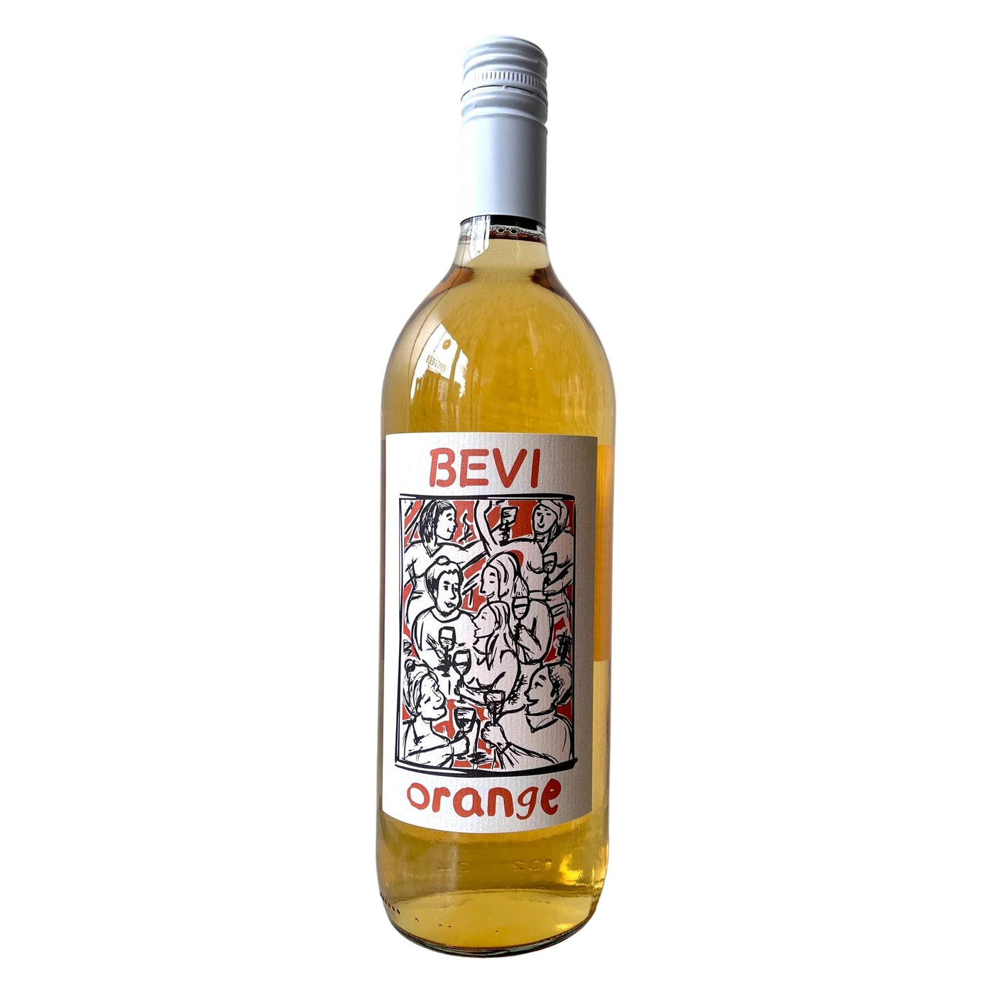 Bottle of BEVI orange wine with a white background