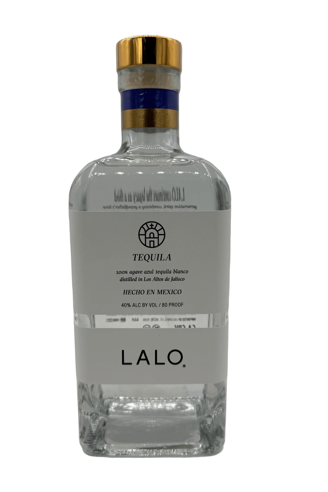 Lalo Tequila Blanco 750ml bottle with gold cap and blue foil band