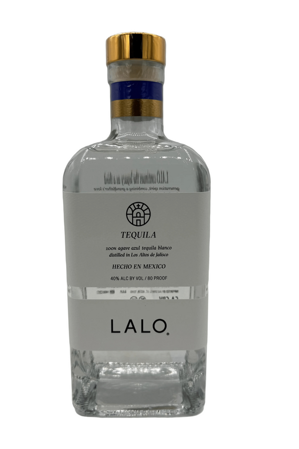 Lalo Tequila Blanco 750ml bottle with gold cap and blue foil band