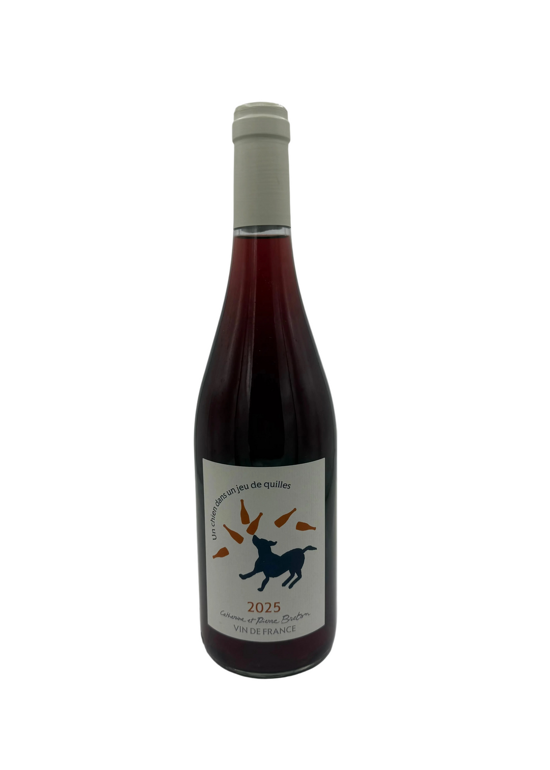 Catherine & Pierre Breton Un Chien Dans Un Jeu De Quilles 2025 red wine bottle with dog and bowling pins label