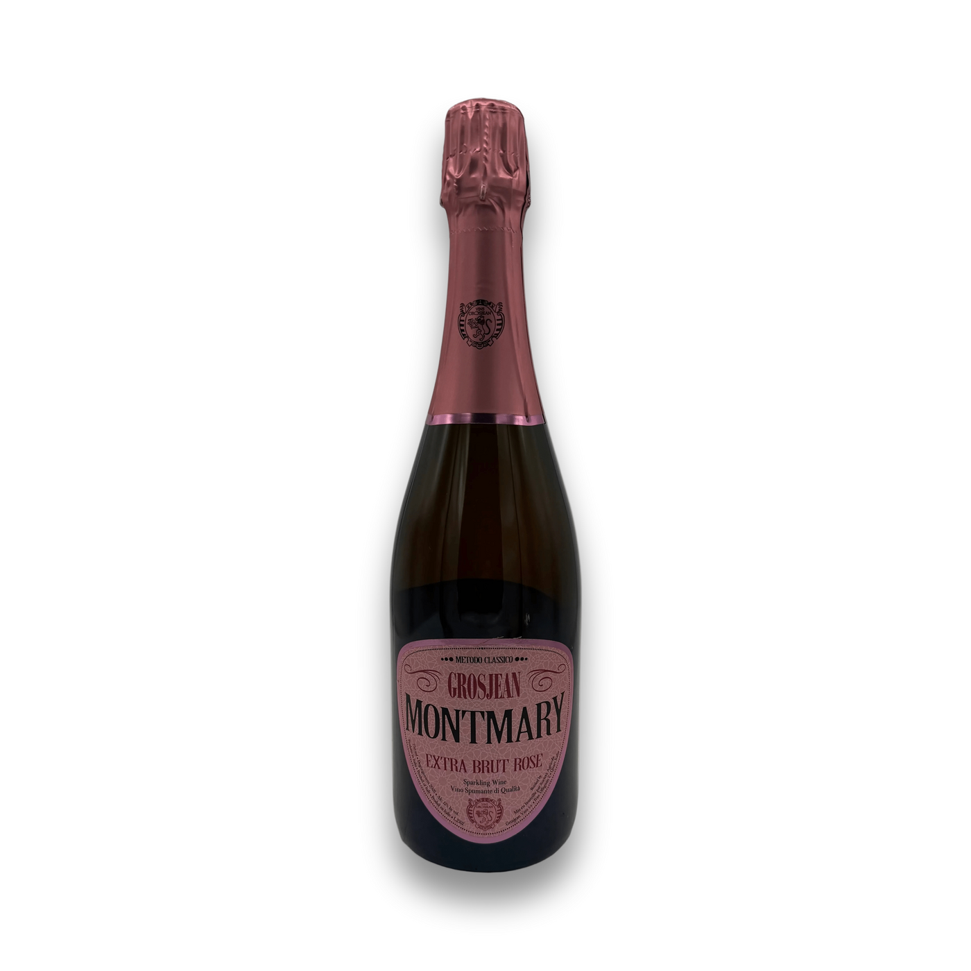 Grosjean Montmary Metodo Classico Extra Brut Rosé 2024 Italian sparkling wine bottle with pink label