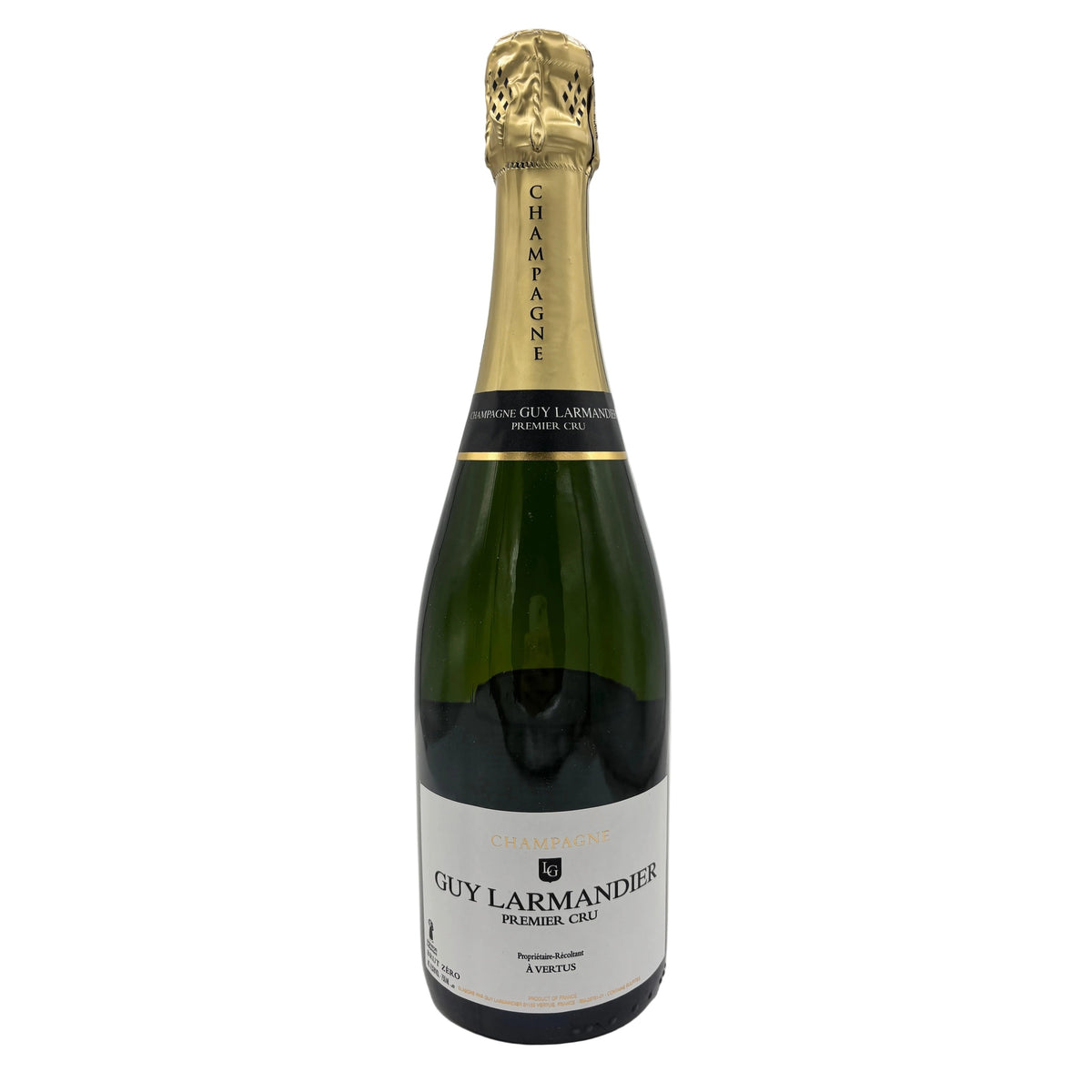 Bottle of Guy Larmandier champagne on a white background
