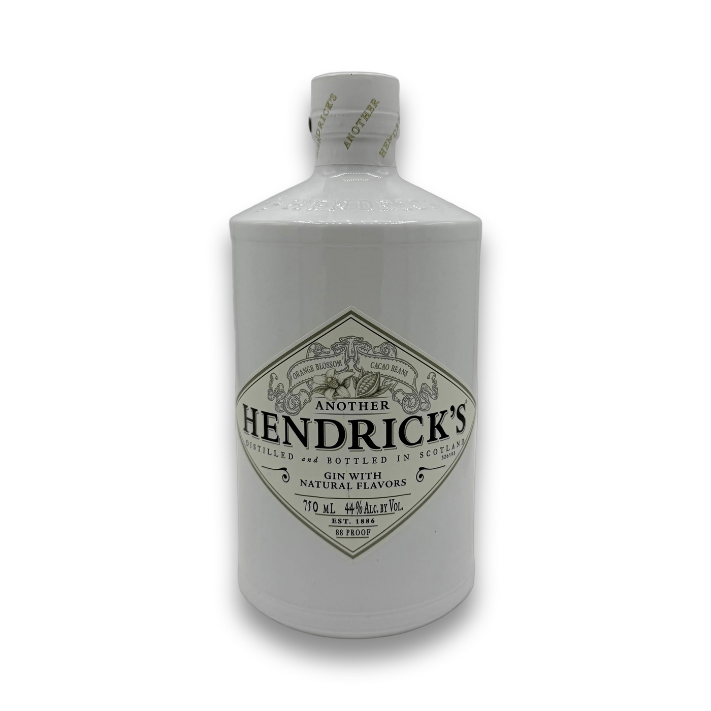 Hendrick's Another Gin 750ml white ceramic bottle with olive green label and orange blossom design