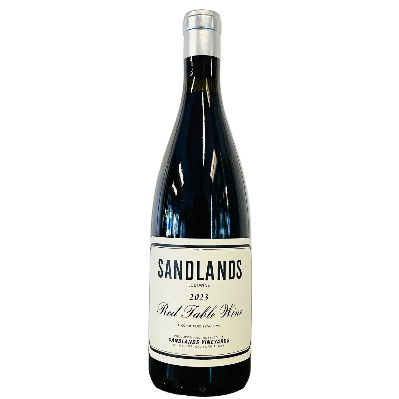Wine bottle with 'Sandlands' label on a white background