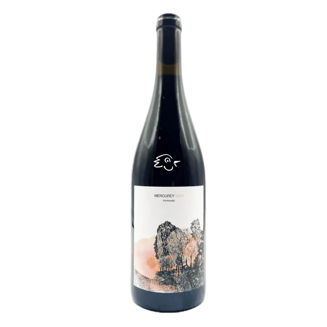 Wine bottle with a label featuring a scenic design on a white background