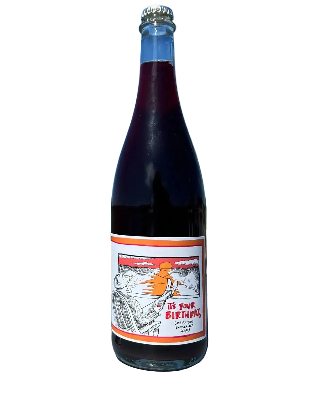A glass bottle of dark red wine with a silver cap and a white illustrated label reading &