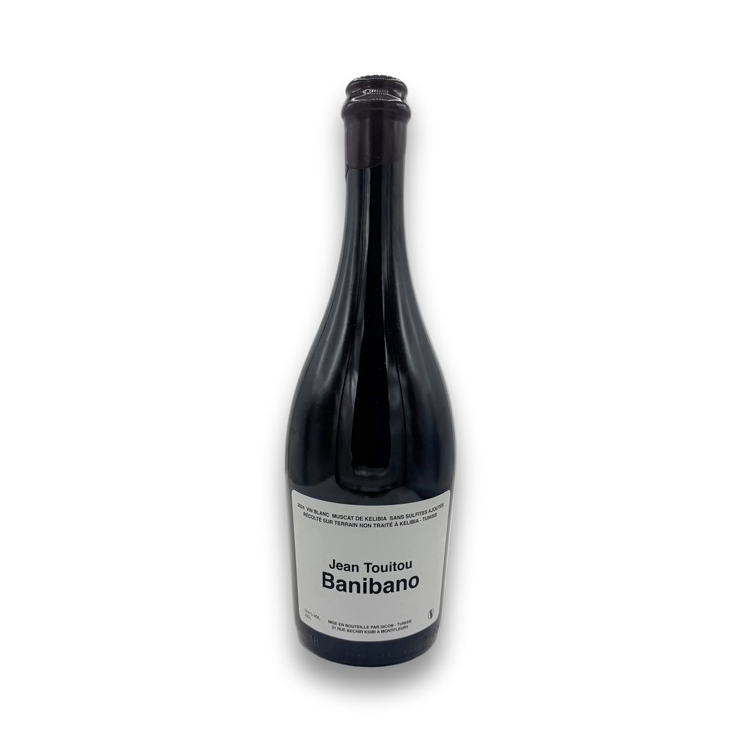 Jean Touitou Banibano Tunisia Muscat White 2024 wine bottle with black foil capsule and gray label