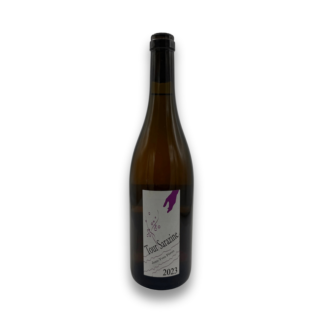 Jean-Yves Peron La Tour Sarazine 2023 Muscat white wine bottle with textured gray label and purple hand silhouette