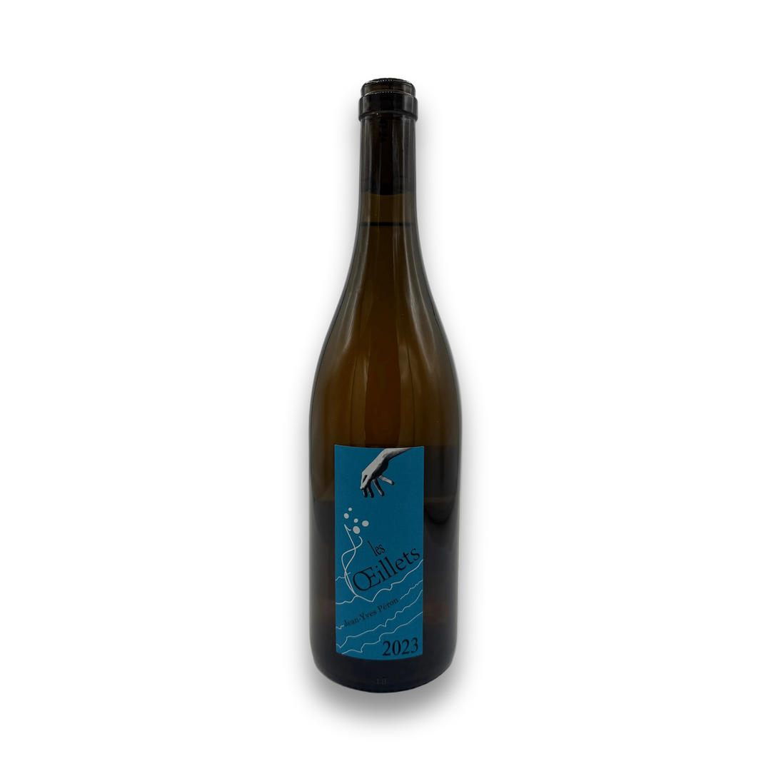 Jean-Yves Peron Les Oeillets 2023 Jacquere white wine bottle with blue label and biodynamic farming
