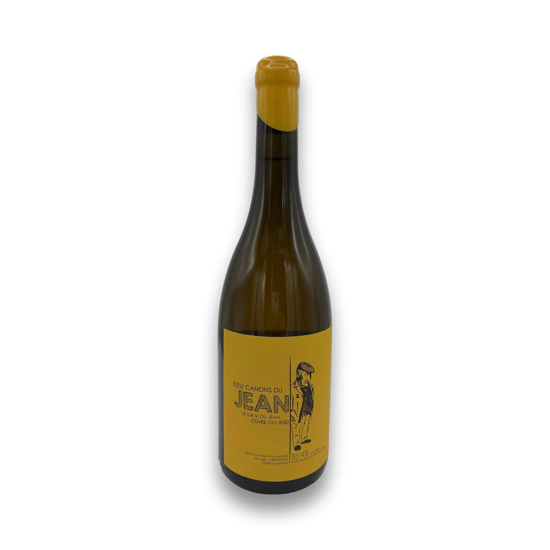 Les Canons Du Jean Oxy 2020 - Bottle of white wine with a Yellow Label showing an illustration of a man.