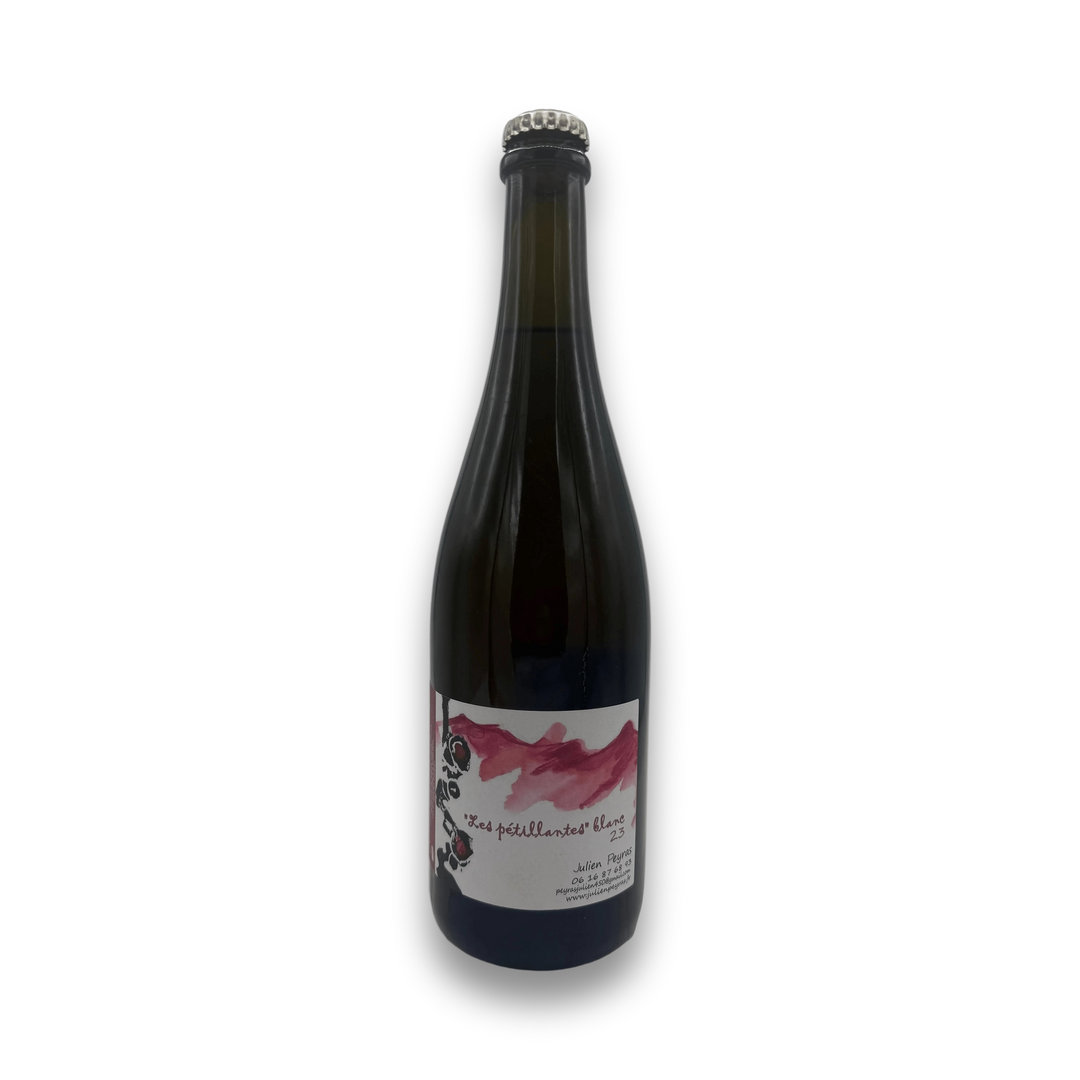 Julien Peyras Les Petillantes Blanc 2023 French Pet Nat sparkling wine bottle with white label and pink watercolor design