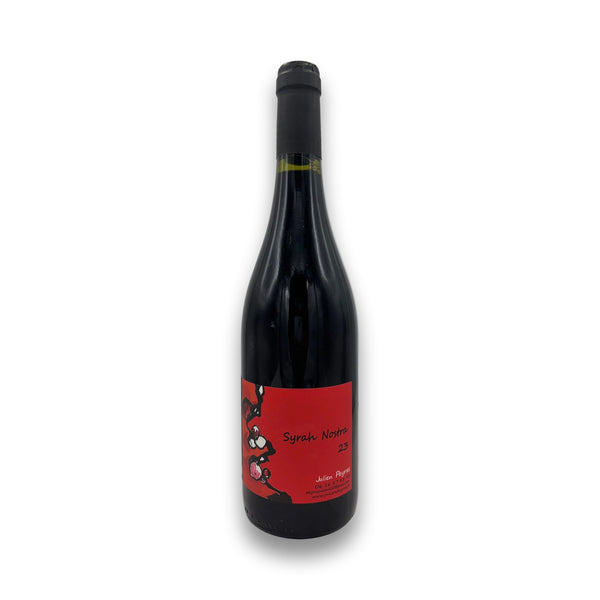Julien Peyras Syrah Nostra 2023 French red wine bottle with red label and black foil capsule