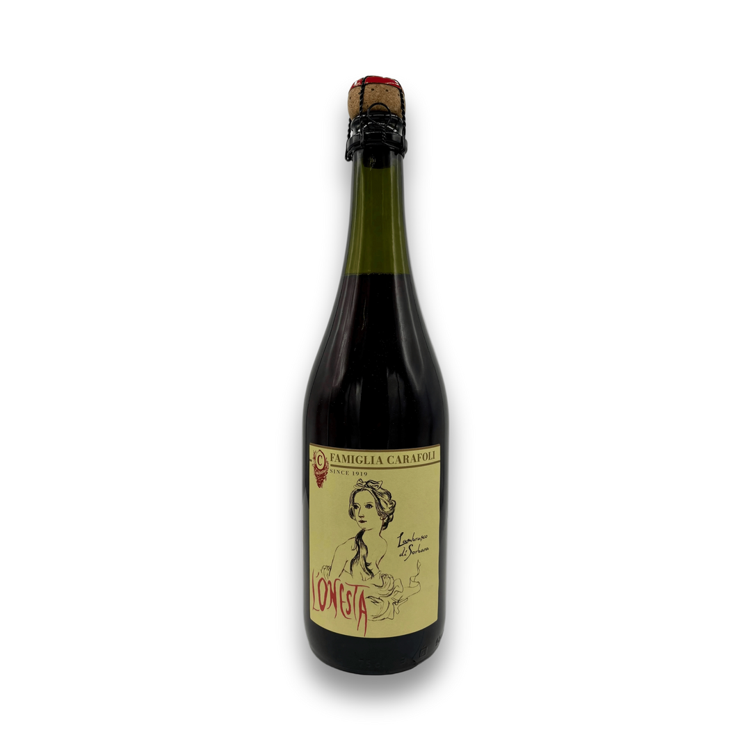 L'Onesta Lambrusco di Sorbara dry sparkling red wine bottle with Famiglia Carafoli label