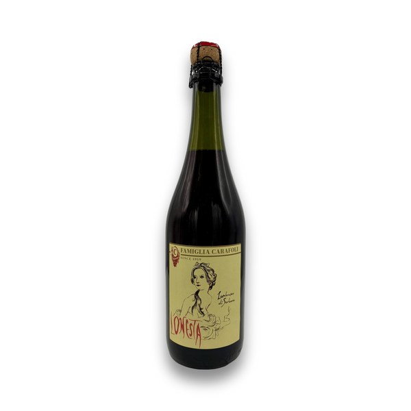 L'Onesta Lambrusco di Sorbara dry sparkling red wine bottle with Famiglia Carafoli label