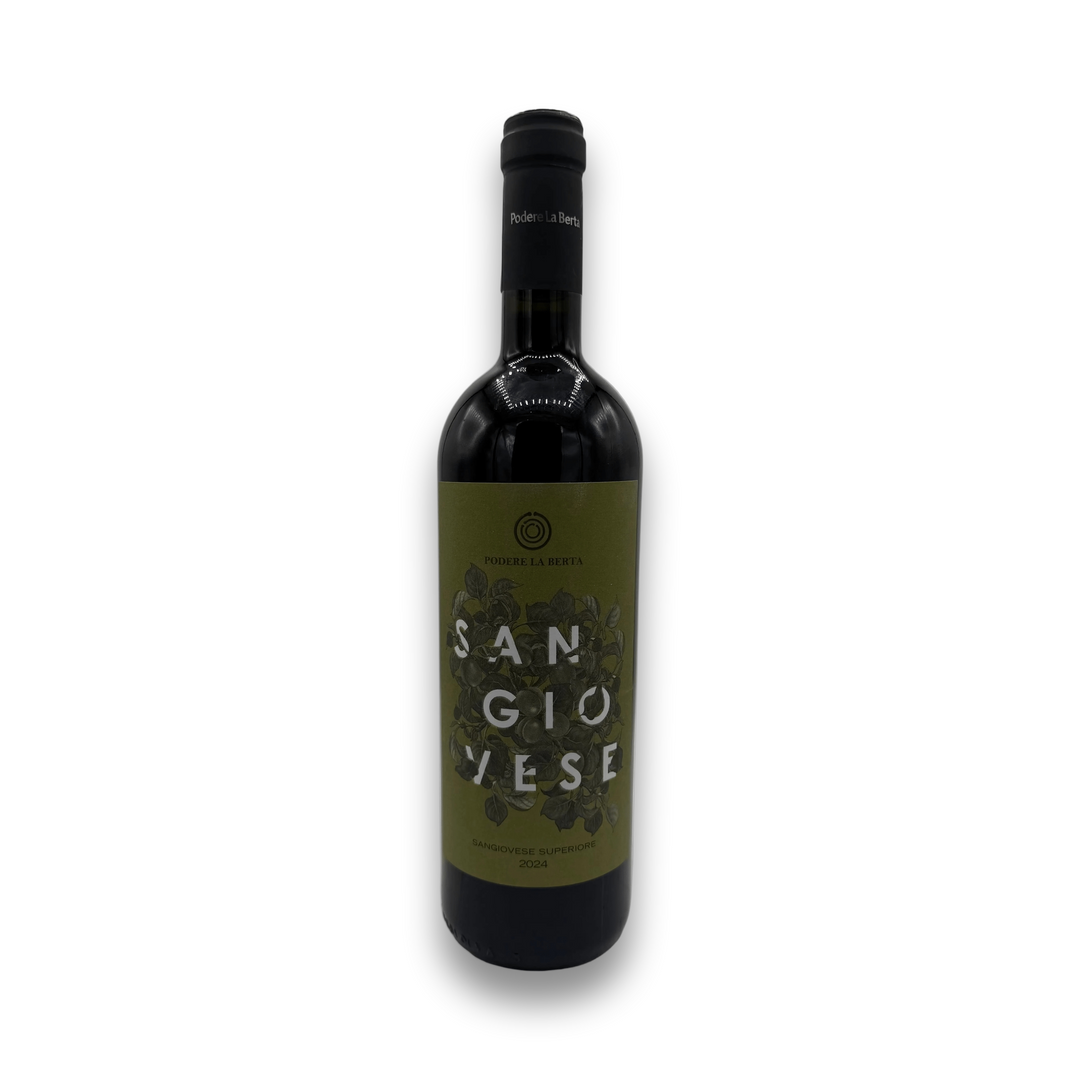 La Berta Romagna Sangiovese Superiore 2024 red wine bottle with olive green label and botanical illustration