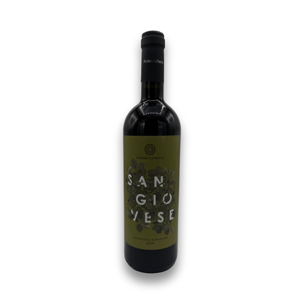 La Berta Romagna Sangiovese Superiore 2024 red wine bottle with olive green label and botanical illustration
