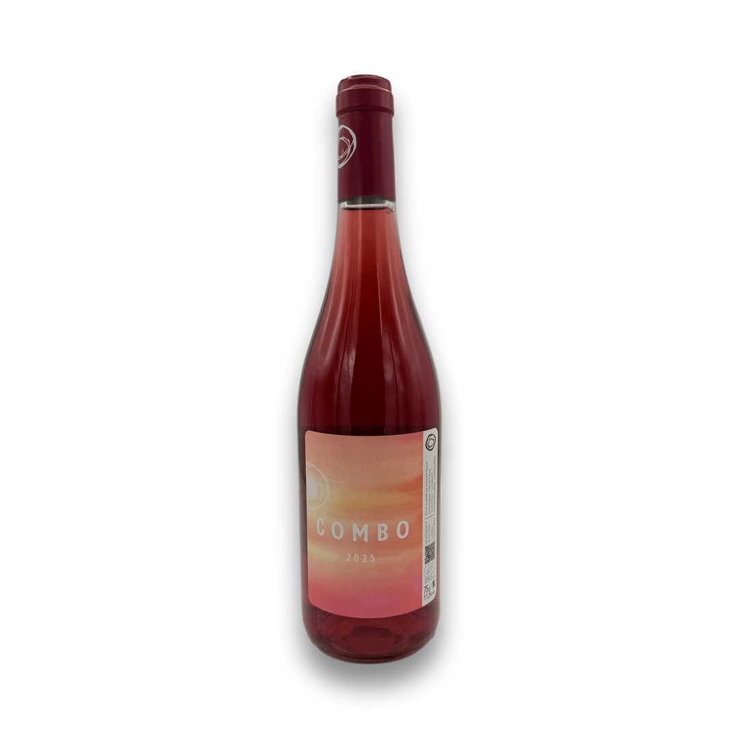 La Famille Mosse VDF Combo 2025 organic red wine bottle with peach-to-pink label and dark foil capsule