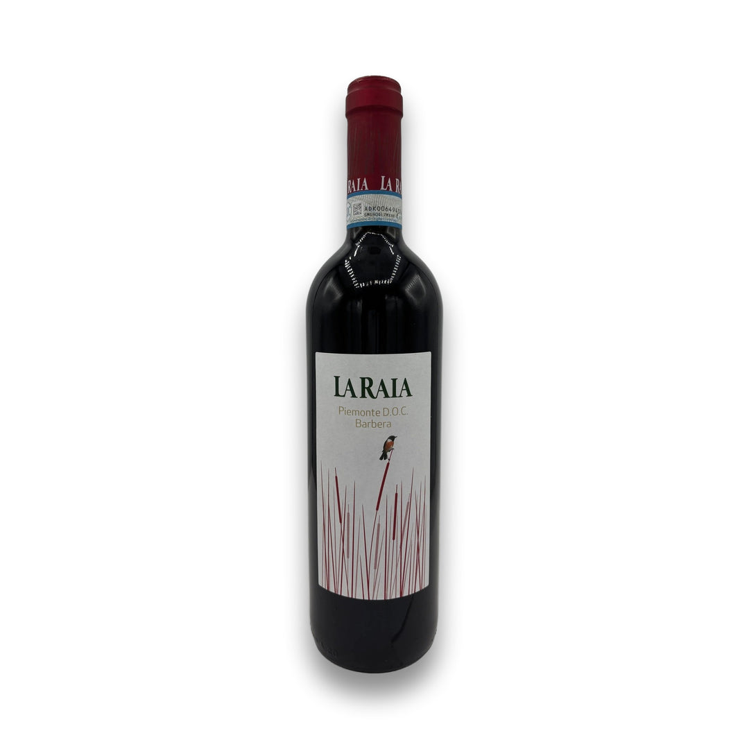 La Raia Barbera Piemonte red wine bottle with bird logo and green lettering