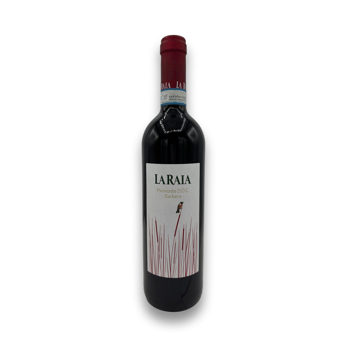 La Raia Barbera Piemonte red wine bottle with bird logo and green lettering