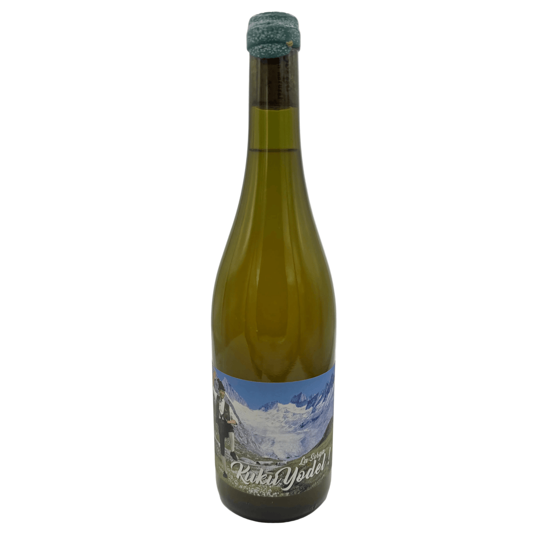 Wine bottle with a scenic label featuring a man on a alpine landscape on a white background