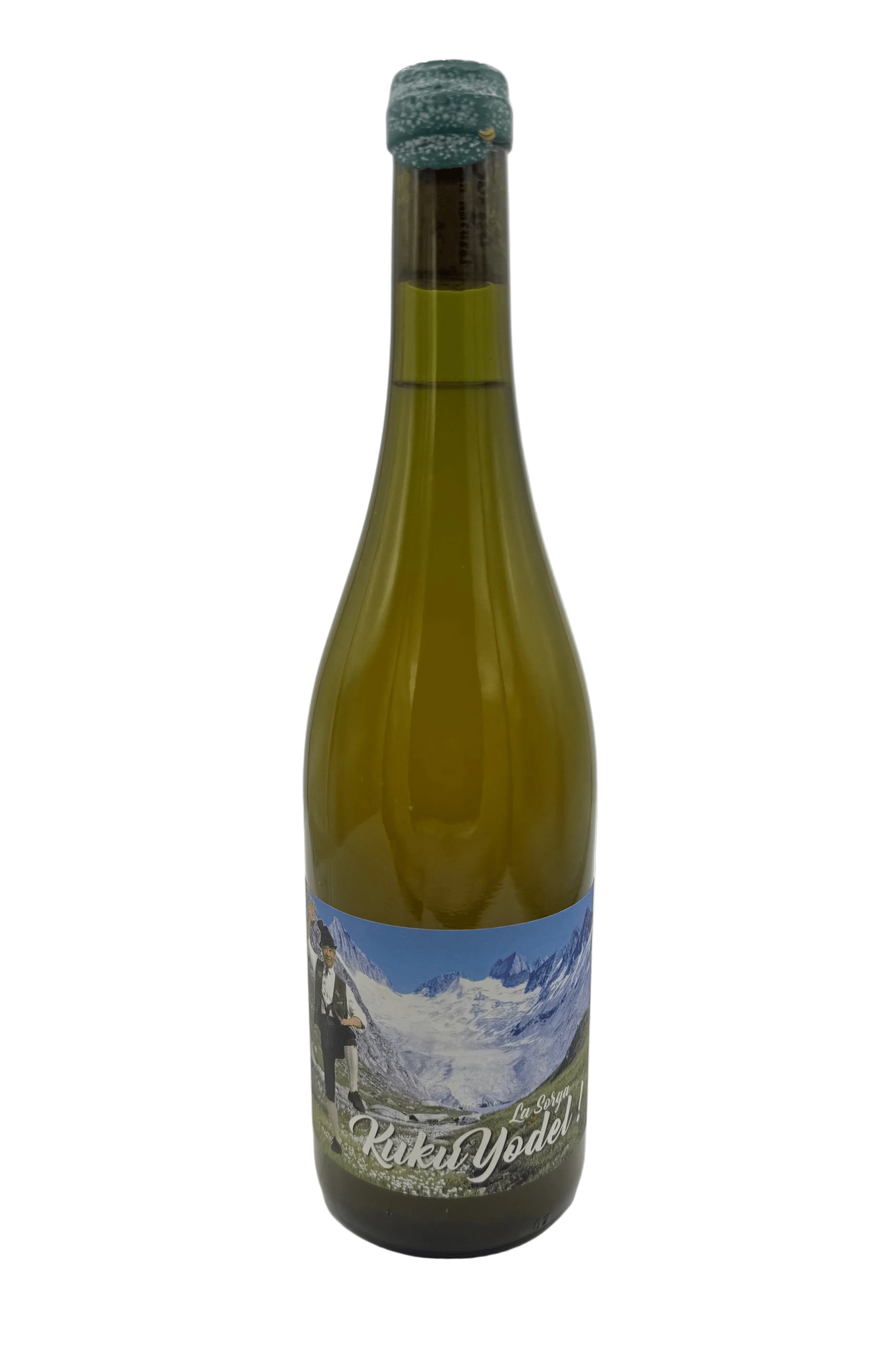 Wine bottle with a scenic label featuring a man on a alpine landscape on a white background