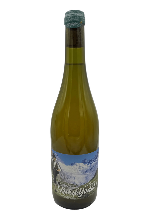 Wine bottle with a scenic label featuring a man on a alpine landscape on a white background