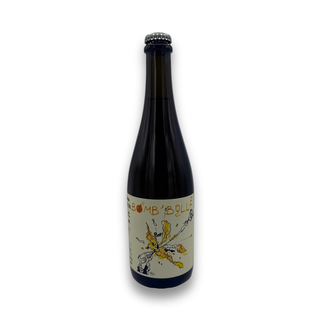Le Coste Bomb Bulle NV Italian Procanico sparkling wine bottle with cartoon explosion label