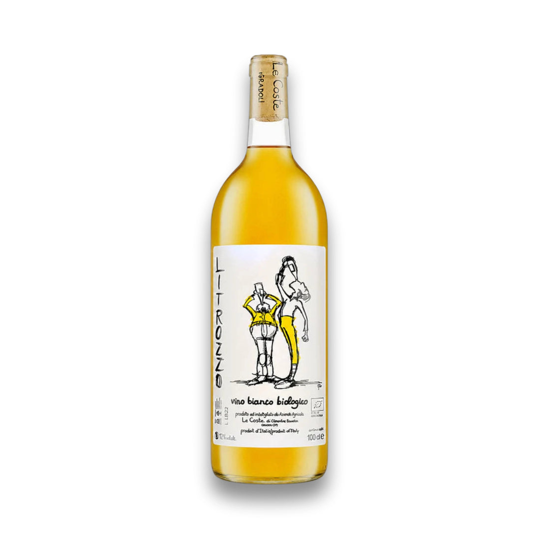A bottle of white wine with a white label featuring a black line art illustration of two women in yellow outfits. The brand name 'Litrozzo' is printed vertically on the left side of the label.