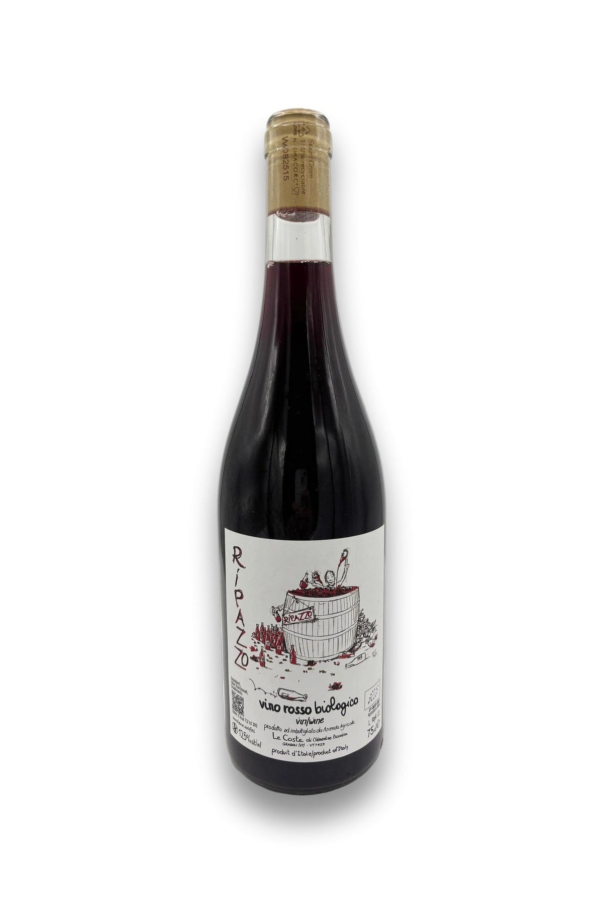 Bottle of Le Coste Ripazzo Rosso, a natural Italian red wine from Lazio made using the ripasso method with volcanic-soil grapes.