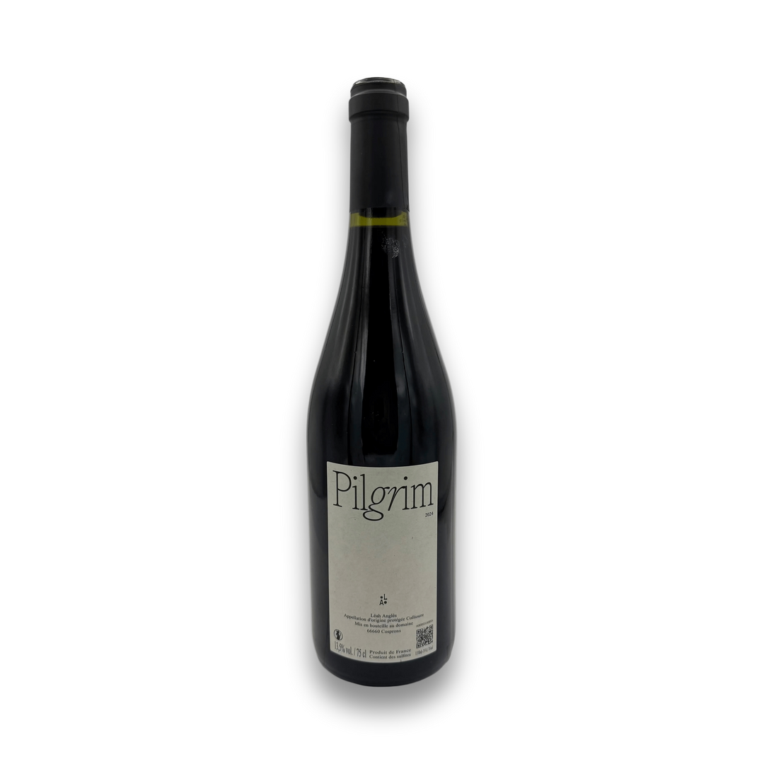 Leah Angles Collioure Pilgrim 2024 red wine bottle with gray label and black capsule
