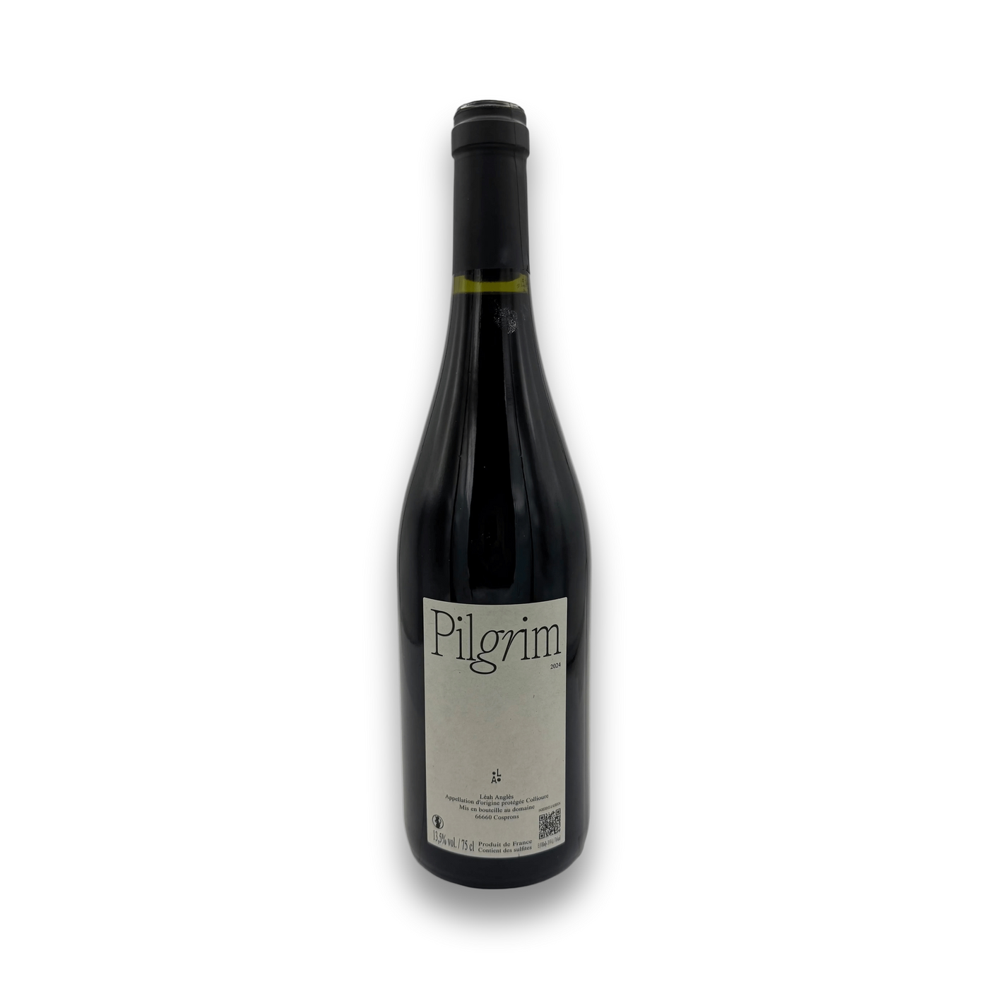 Leah Angles Collioure Pilgrim 2024 red wine bottle with gray label and black capsule