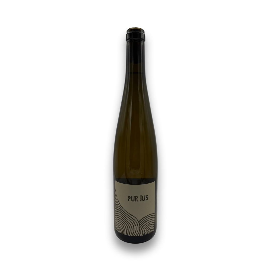 Leo Dirringer Pur Jus 2024 Alsace white wine bottle with beige label and abstract wave design