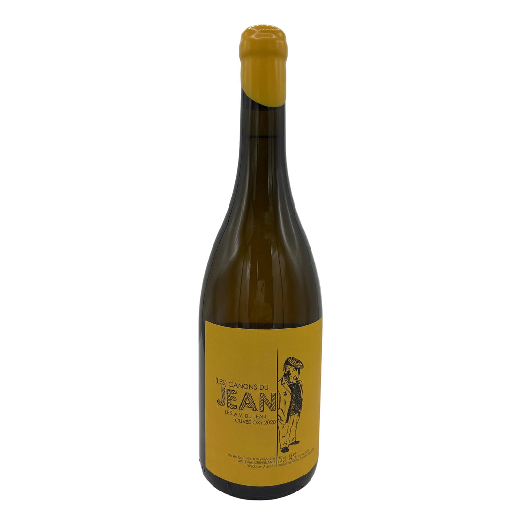 Les Canons Du Jean Oxy 2020 - Bottle of white wine with a Yellow Label showing an illustration of a man.