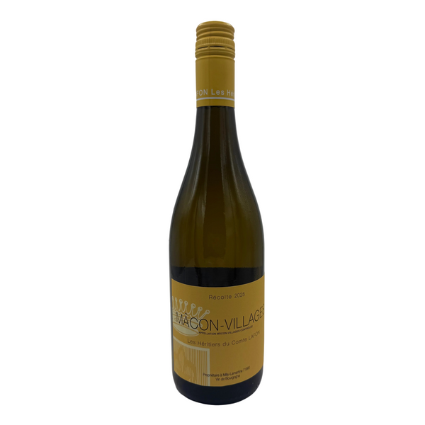 A bottle of Raycon-Villages white wine with a yellow label and gold cap, standing on a white surface against a white background.