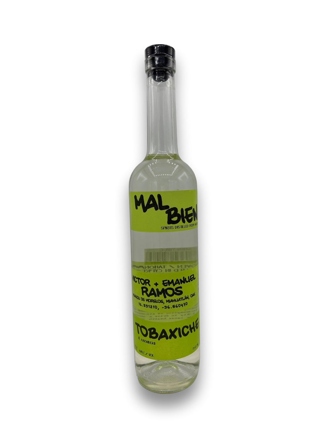 Mal Bien Tobaxiche Ramos Mezcal bottle with lime-green label and black cap