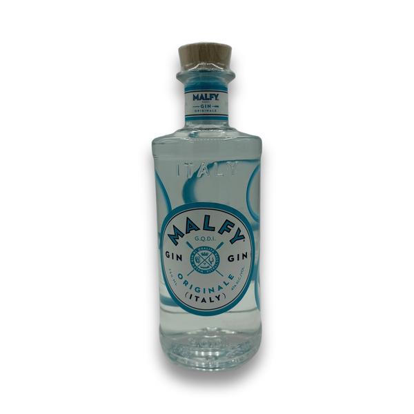 Malfy Gin Originale bottle from Italy with blue label and cork stopper