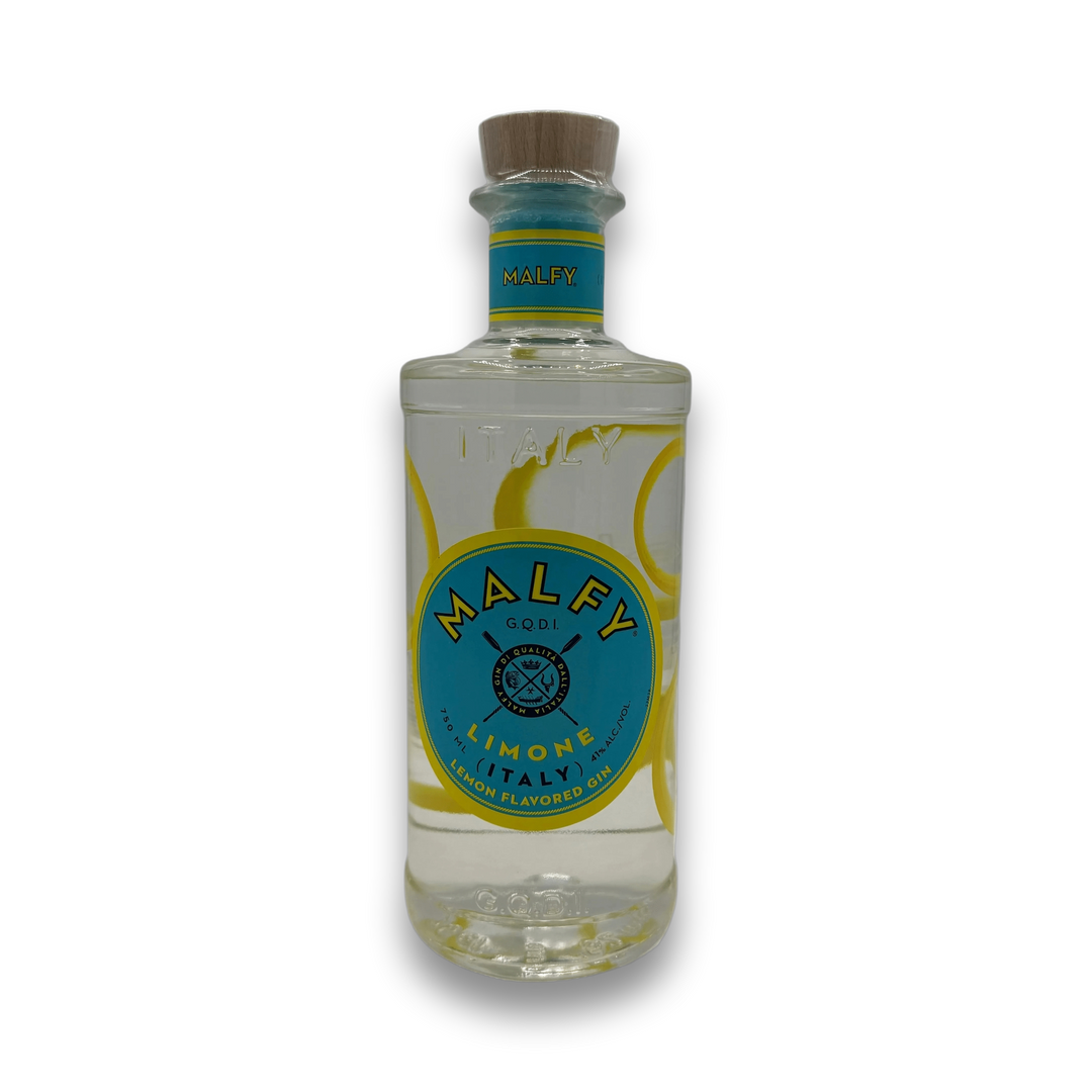 Malfy Gin Limone lemon flavored gin bottle with turquoise label and cork stopper