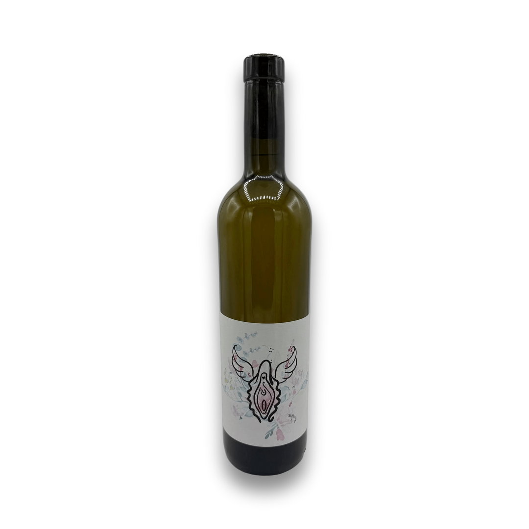 Mas Guallar Chorifly Magico VDF White 2024 French wine bottle with stylized vulva winged art label