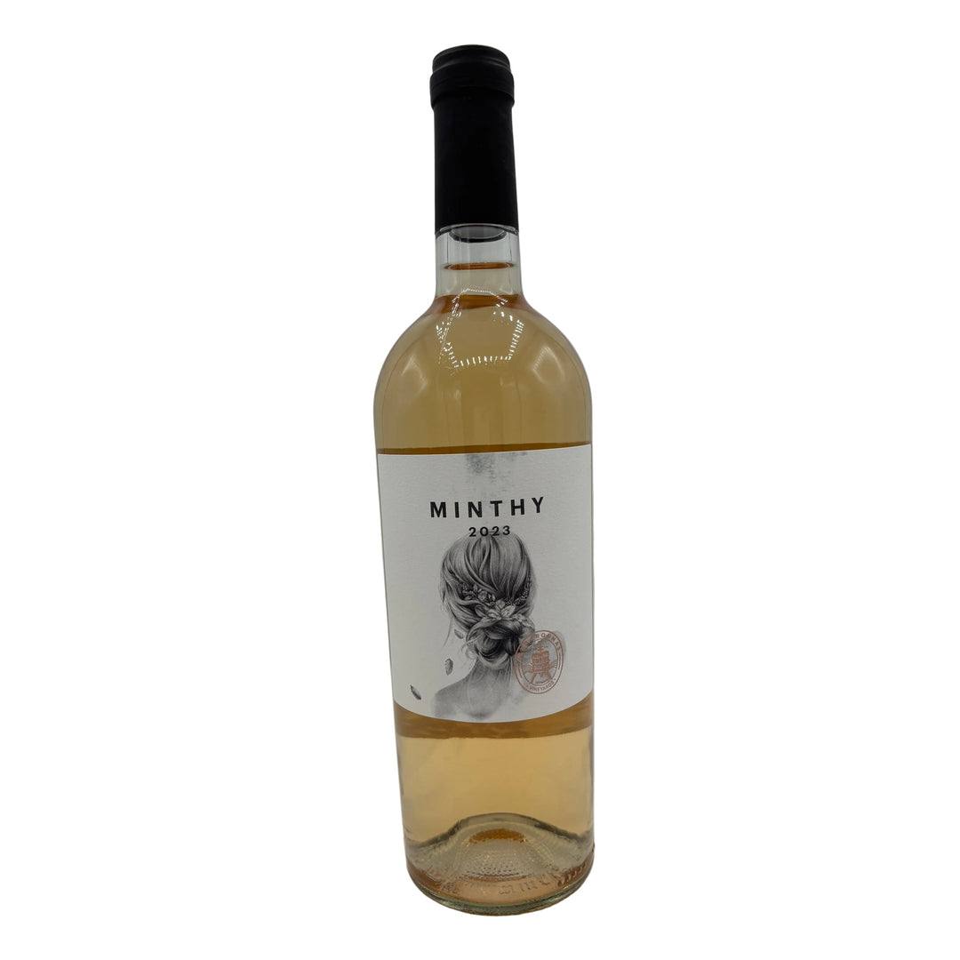 Wine bottle with a label featuring a graphic design on a white background