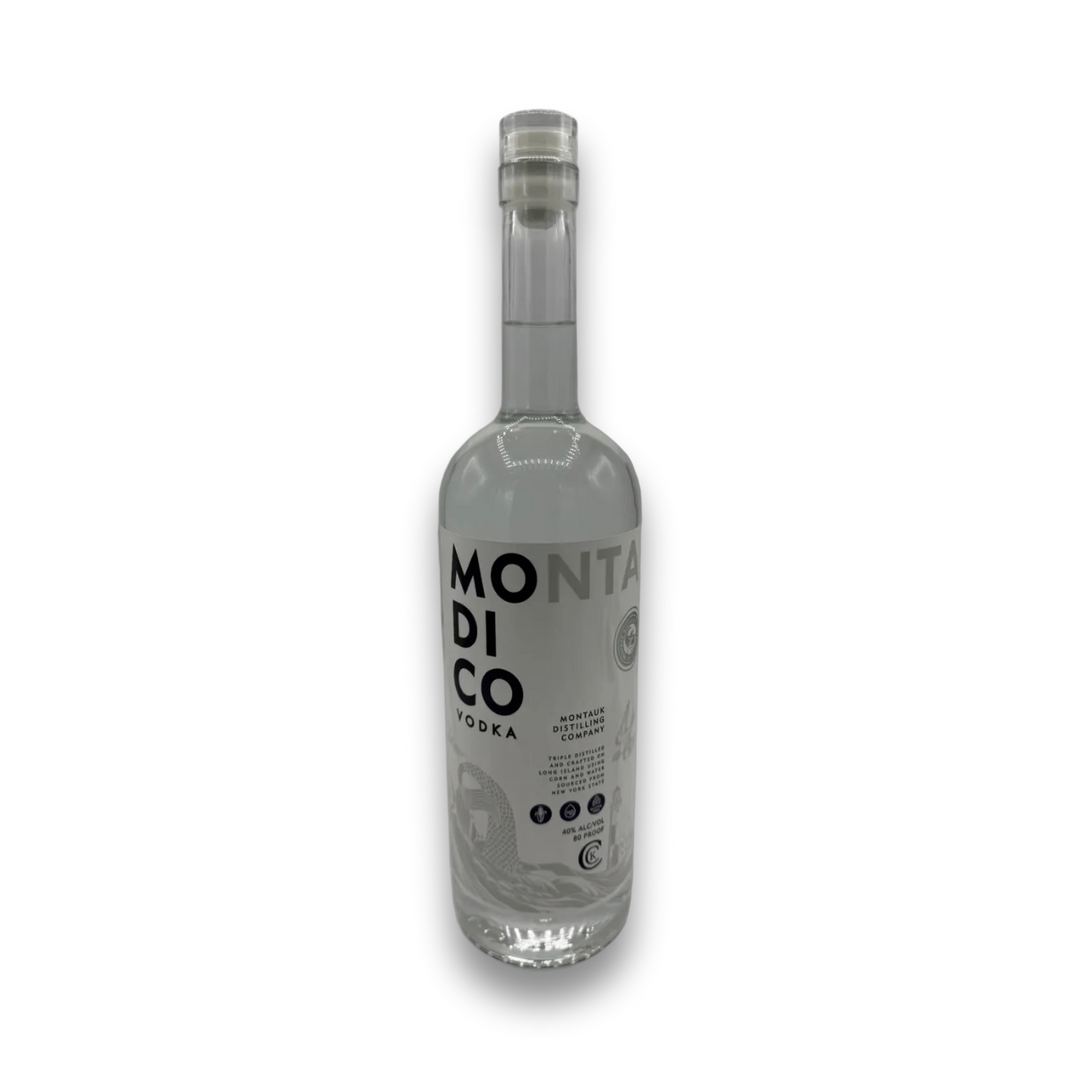 Montauk Distilling Co. Modico Vodka bottle with minimalist label showing corn, apple, and grape mash from New York