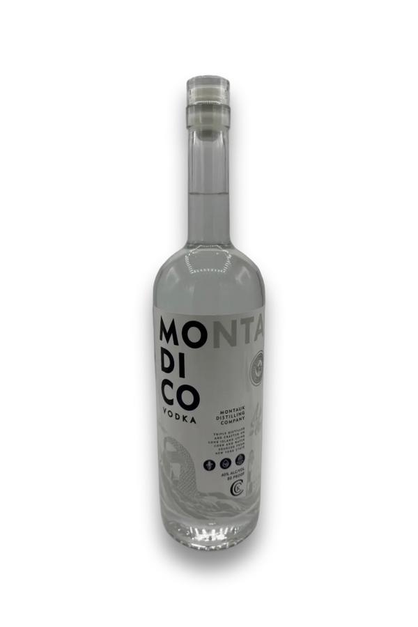 Montauk Distilling Co. Modico Vodka bottle with minimalist label showing corn, apple, and grape mash from New York